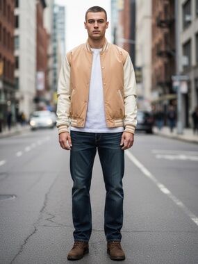 CSG Champs Sports Snap Front Lightweight Varsity Bomber Jacket Beige Tan Size M